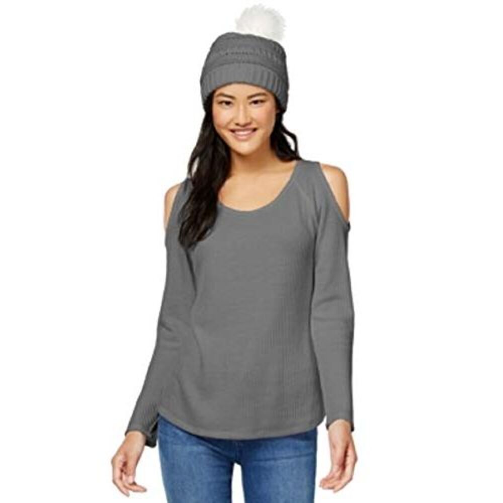 Self E Juniors Waffle Knit Cold Shoulder Top Faux Fur Trimmed Beanie